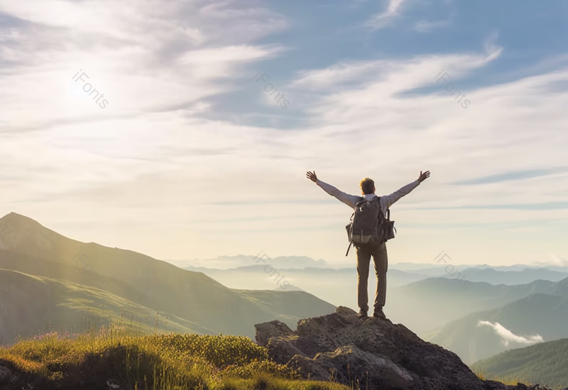 徒步旅行者到达顶峰举起手,高清,摄影图,摄影图片,图片大全,摄影图免费下载